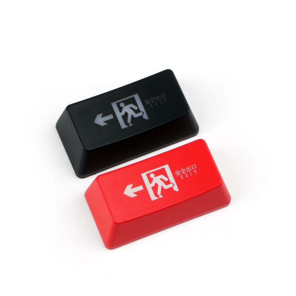 Red safety evacuation exit graphic on transparent plastic backspace keycap for USB wired keyboard