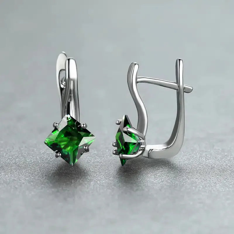Women's copper earrings with diamond design featuring inlaid zircon crystals in blue, colour, and green options