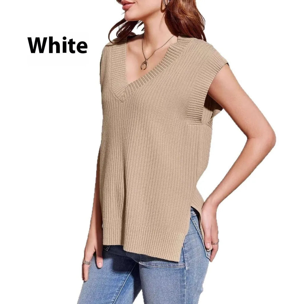 Women's v-neck sleeveless loose pullover vest in camel colour with striped pattern
