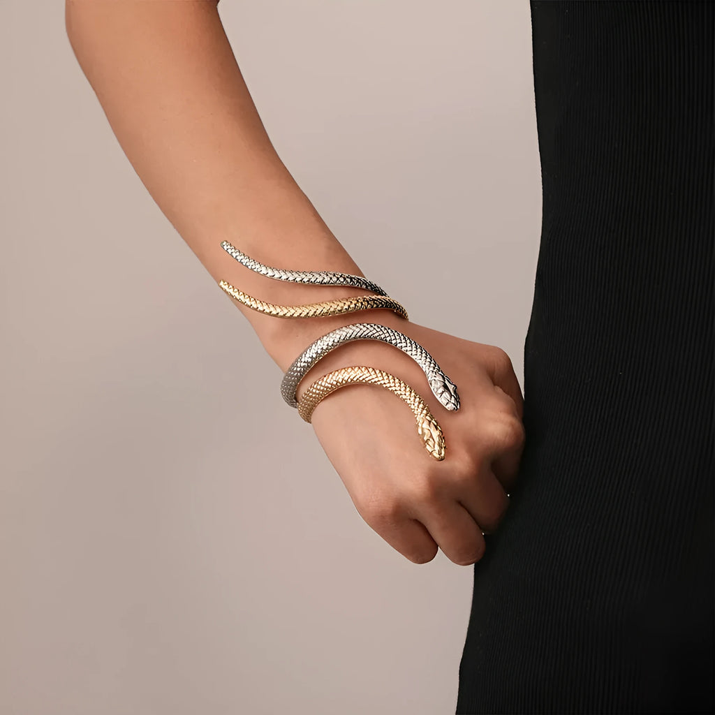 Gold metal ring and bracelet set with exaggerated twisted winding design and simulated snake opening details