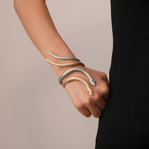 Gold metal ring and bracelet set with exaggerated twisted winding design and simulated snake opening details