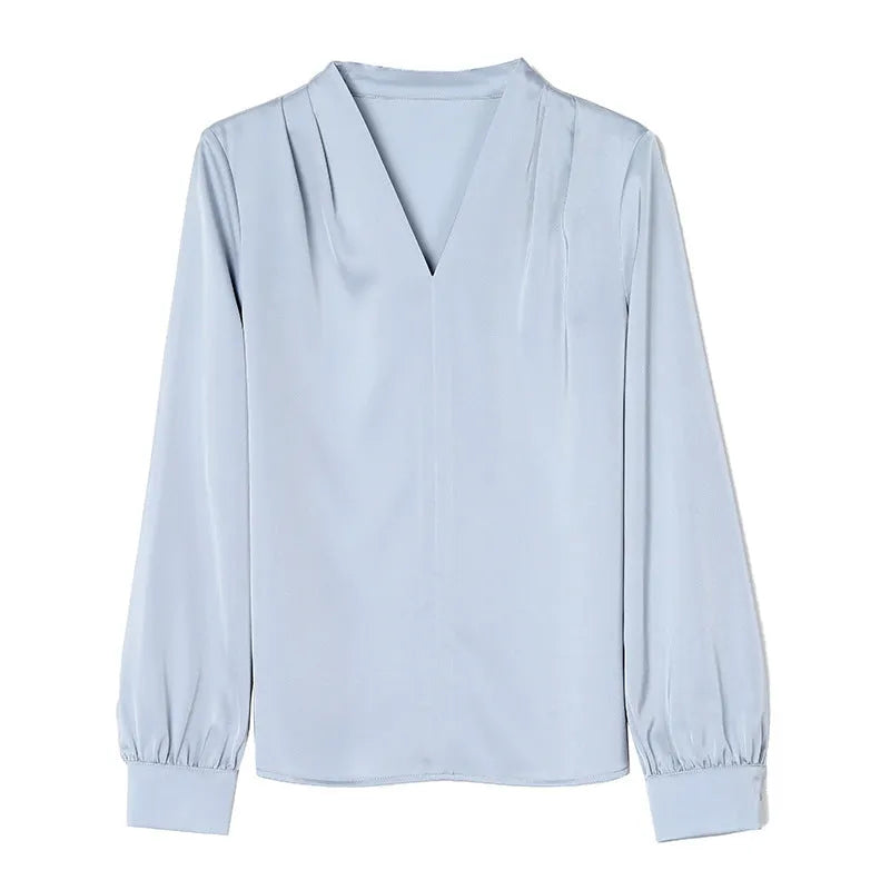 Solid colour women's long sleeve satin shirt with 3D stitching in blue and apricot