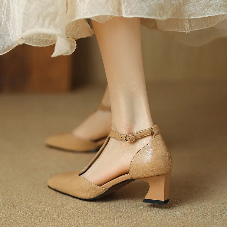Women's wine red retro square toe chunky heel shoes made from sheepskin leather with a buckle