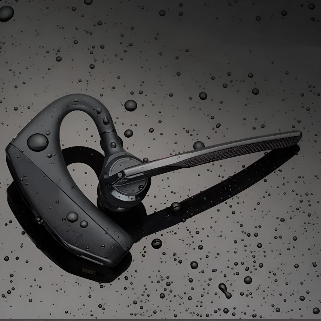 Black Bluetooth sports headphones with battery display screen and USB charging port