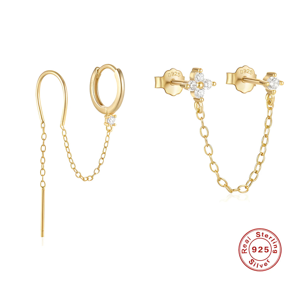 S925 sterling silver ear clip stud earrings with flower, tassel, and chain design in a gold colour.