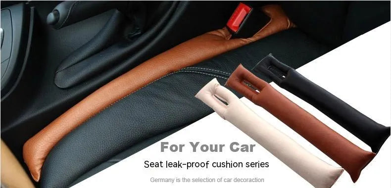 PU leather car seat gap strip in beige positioned between seat and console