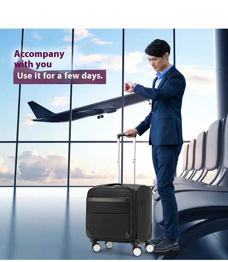 Black 18-inch Oxford cloth business travel suitcase with retractable handle and universal wheels.