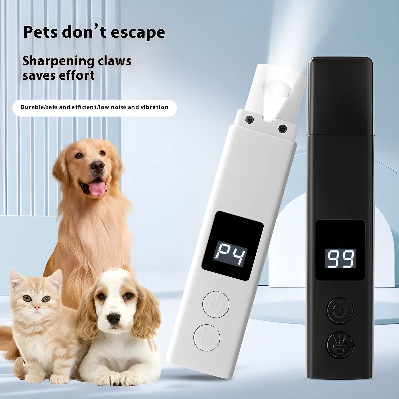 White pet electric nail grinder for dogs with dust cover and light, 150x30mm ABS plastic, on a clean surface