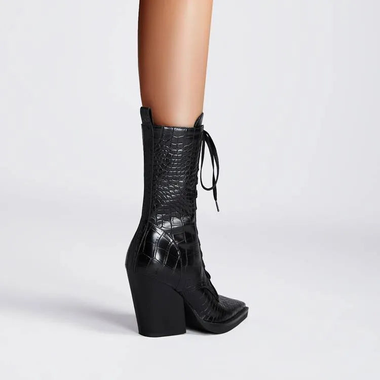 Retro pointed toe chunky heel boots with side zipper and sewing line detail in black
