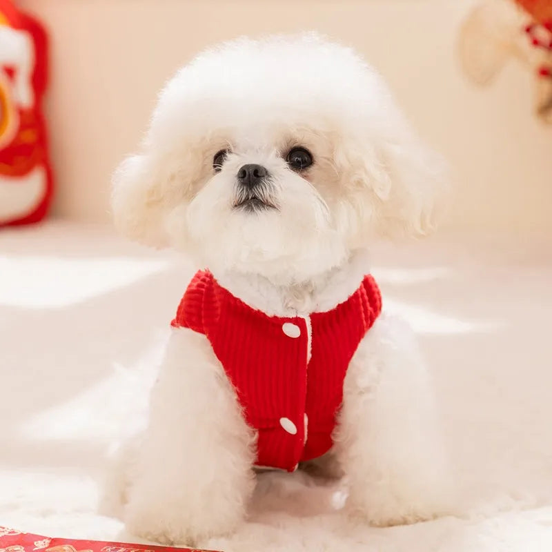 Red cheongsam pet vest with decorative knot buttons, floral and fruit patterns, for Lunar New Year
