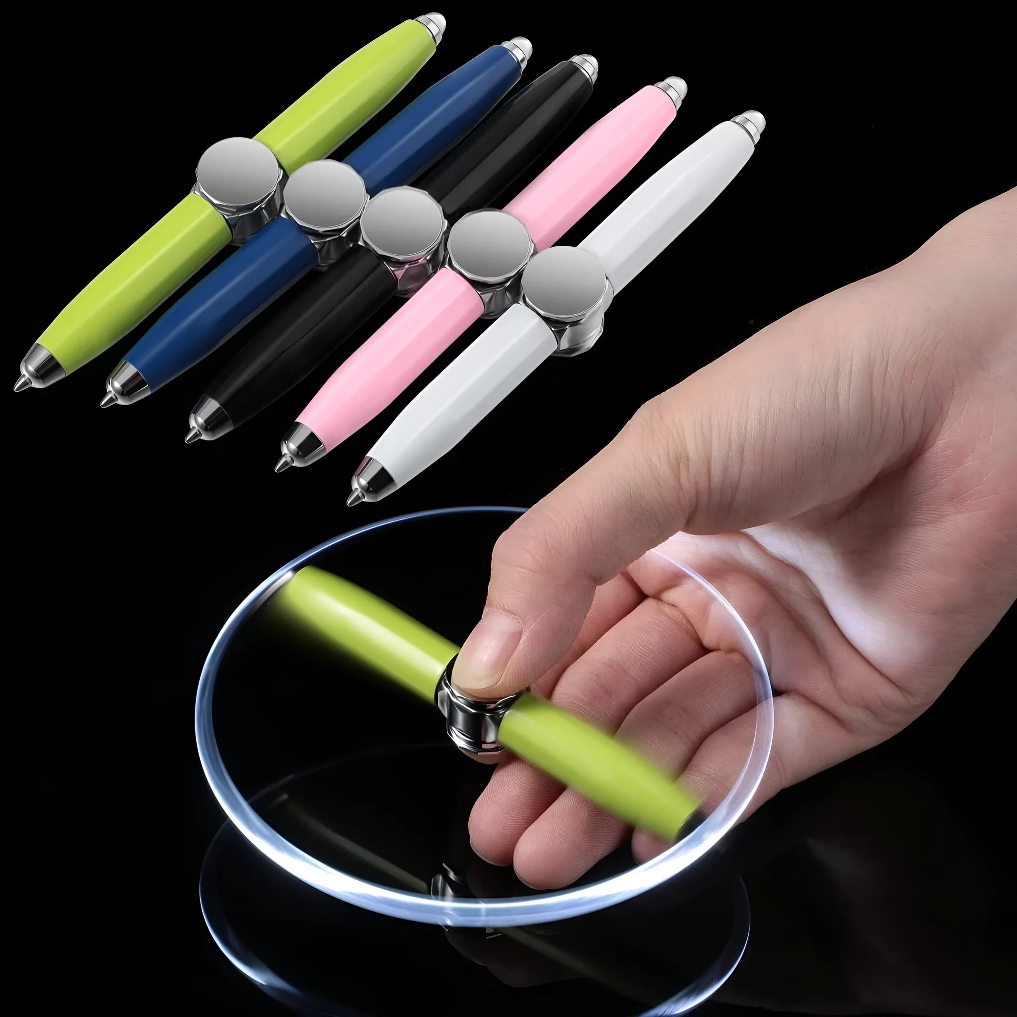 A silver metal gyro ballpoint pen with a built-in spinner section, shown with multi-coloured ink refills.