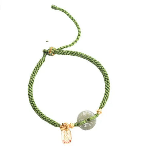 Hand-woven green rope bracelet with a Hetian jade safety buckle, adjustable sliding knot, women's National style accessory