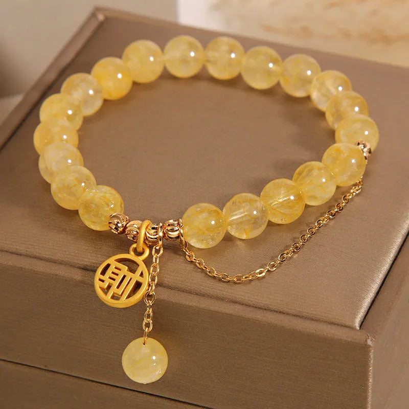 Natural stone citrine bracelet with electroplated metal and Chinese character charm on tassel for women