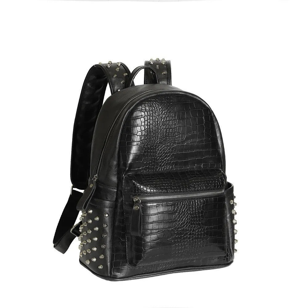 Large capacity black fashion computer schoolbag with waterproof PU leather and rivet detailing