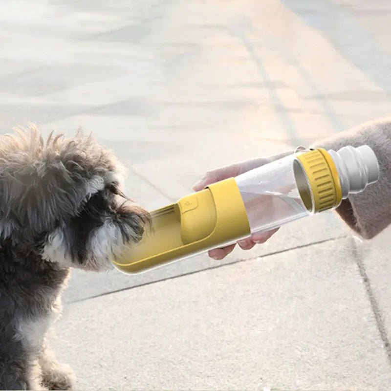 Dark blue, white or yellow portable dog water bottle with integrated drinking bowl