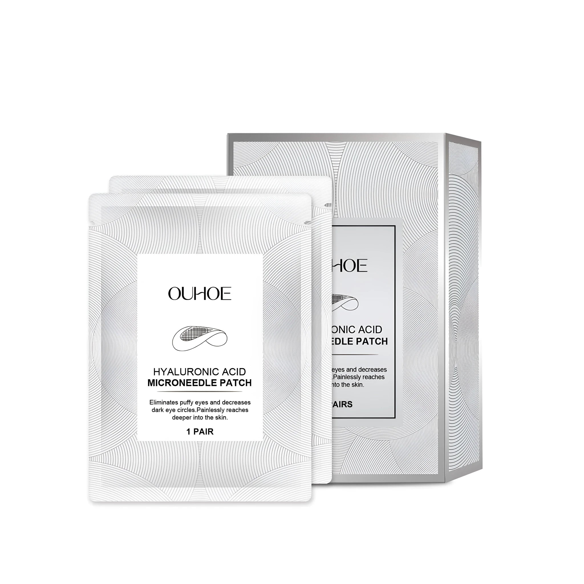 Hyaluronic acid microneedle patch in packaging, showing 2 pairs for under-eye skincare with active ingredients