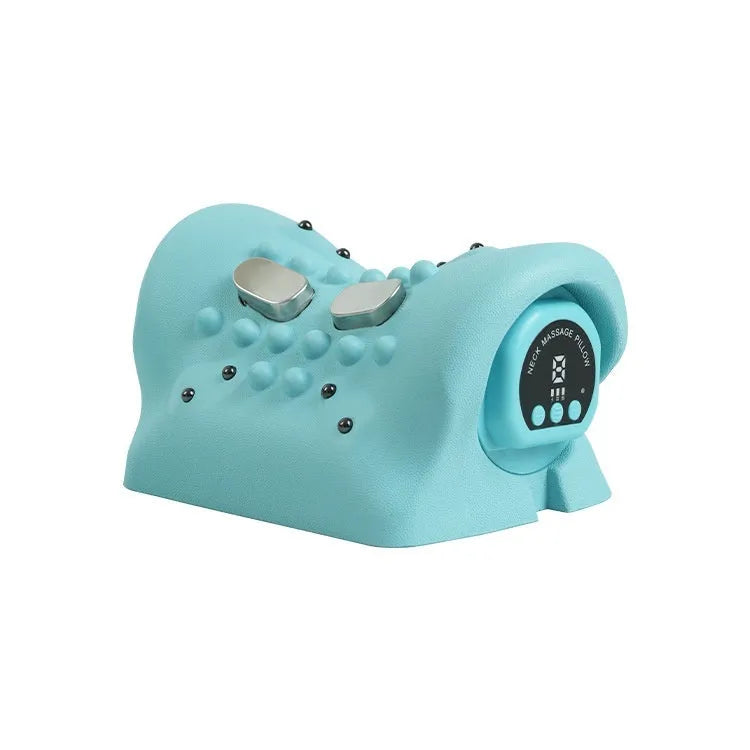 Blue-green portable neck and shoulder massage pillow with EMS and heating functions