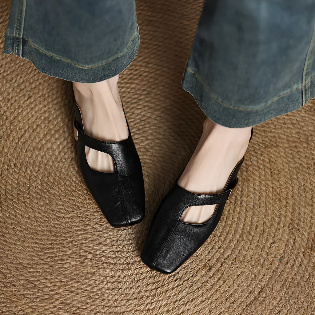 Women's low-heel casual slipper with a square toe in artificial PU, shown in a choice of colours.