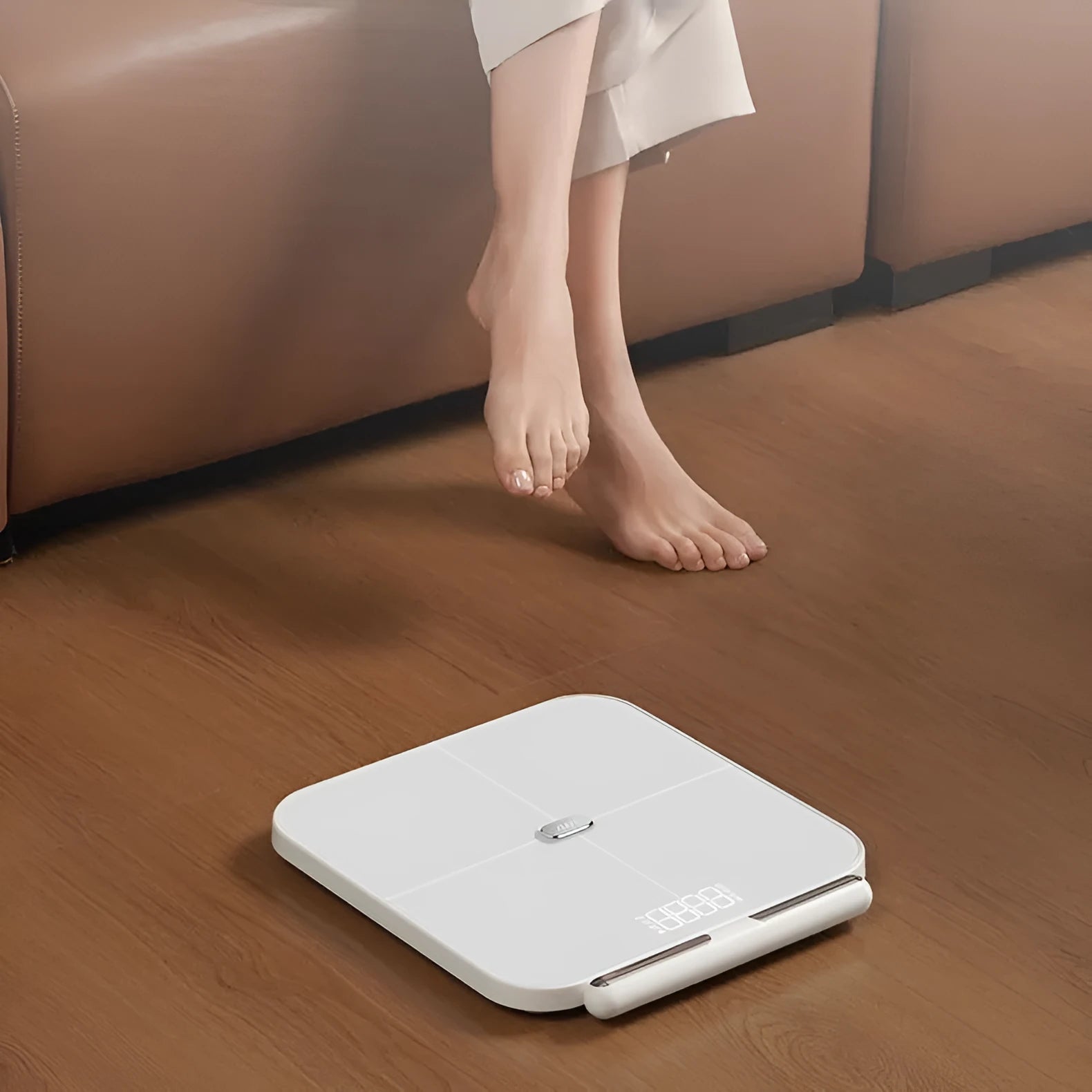White professional body fat scale with 8 electrodes and LED display on tempered glass platform