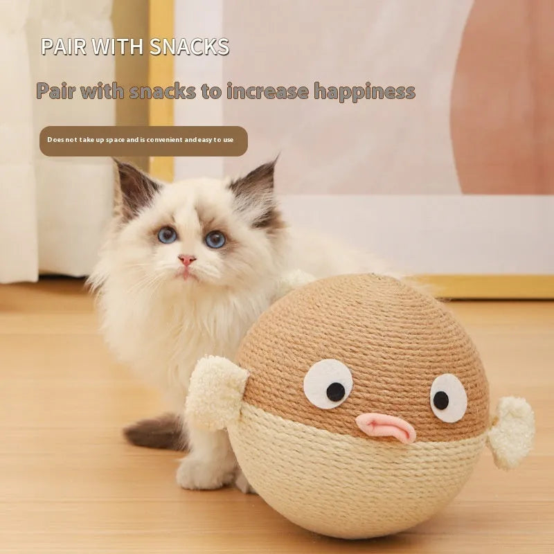 A 15cm cube-shaped pet toy made from natural sisal hemp strips with a puffer leakage food feeder design.