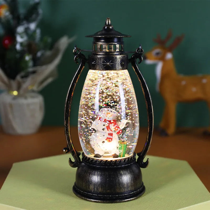 Crystal ball portable oil lamp Christmas ornament with plastic construction and paper-detailed seasonal figure