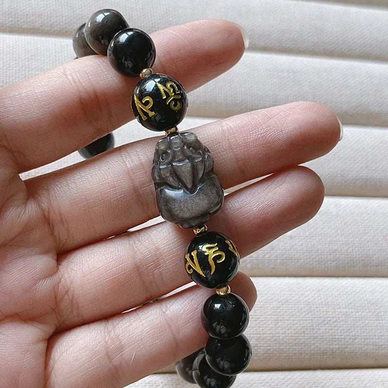 Men's Chinese-style silver stone bracelet with hand-crafted beads featuring zodiac and proverb inscriptions.