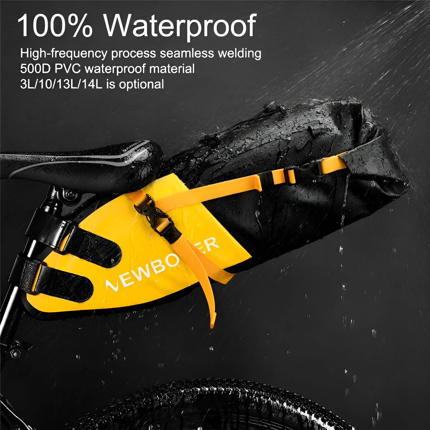 Waterproof PVC cycling tail bag with 13-litre capacity in black, green or yellow colours