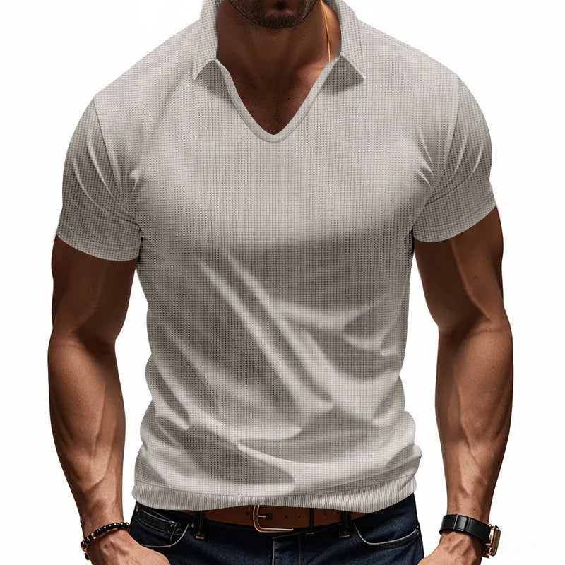 Men's loose fit V-neck short sleeve T-shirt in cotton blend fabric showing colour options