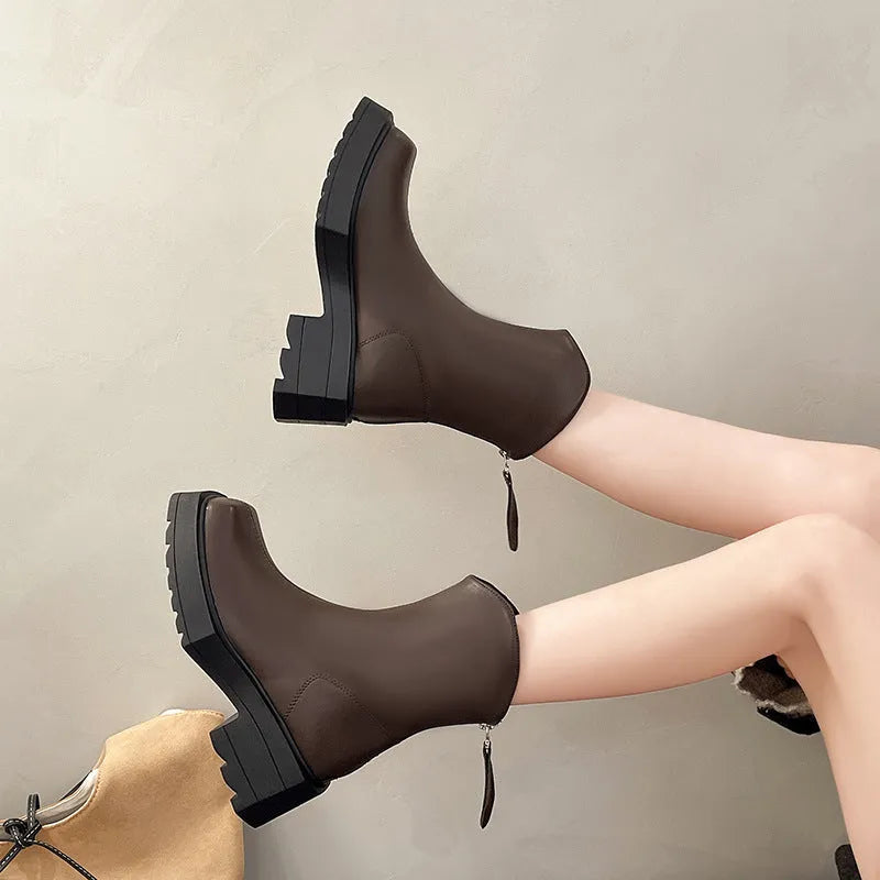 Women's platform Martin boots with square toe and 6-8CM heel in black or brown colours