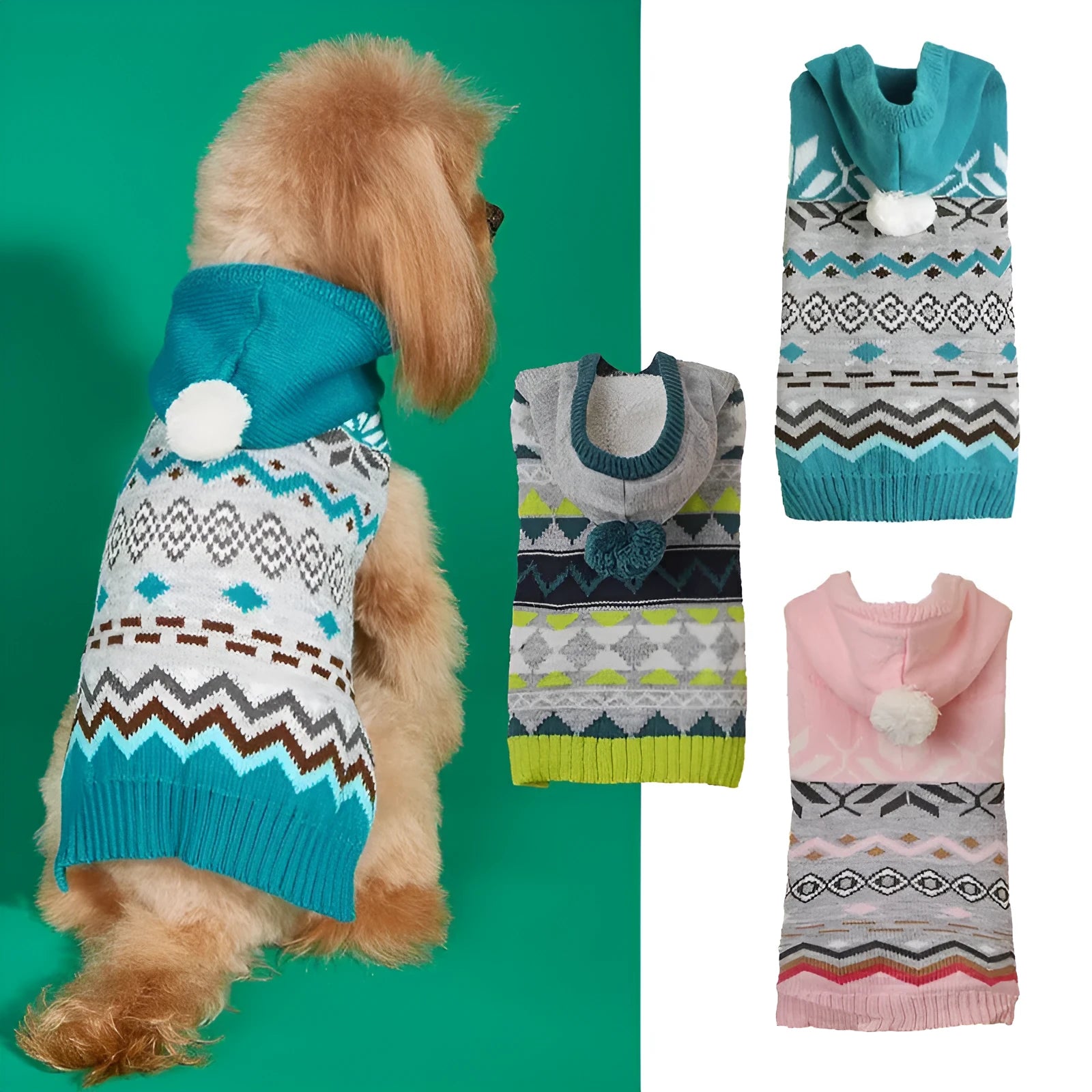 Blue diamond pattern dog sweater on pet model showing knit texture and fit