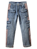 Hip hop retro multi-pocket denim pants in high waist loose fit, front view showing multiple pockets and straight leg style