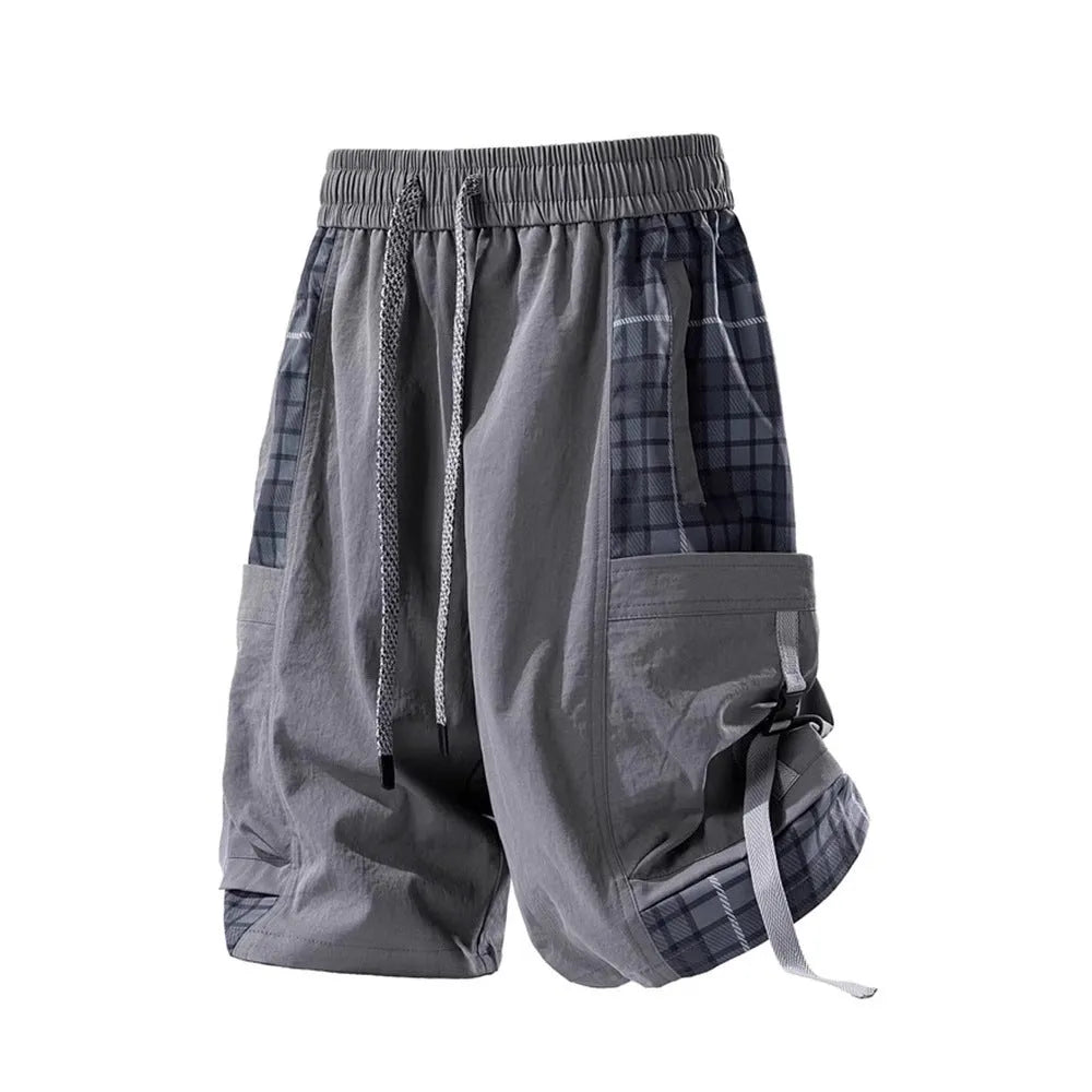 Men's loose cargo shorts with plaid stitching detail in polyester fabric, available in three colour options