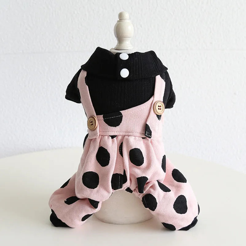 Pet couple outfits with coordinated shoulder straps in four-legged and skirt styles