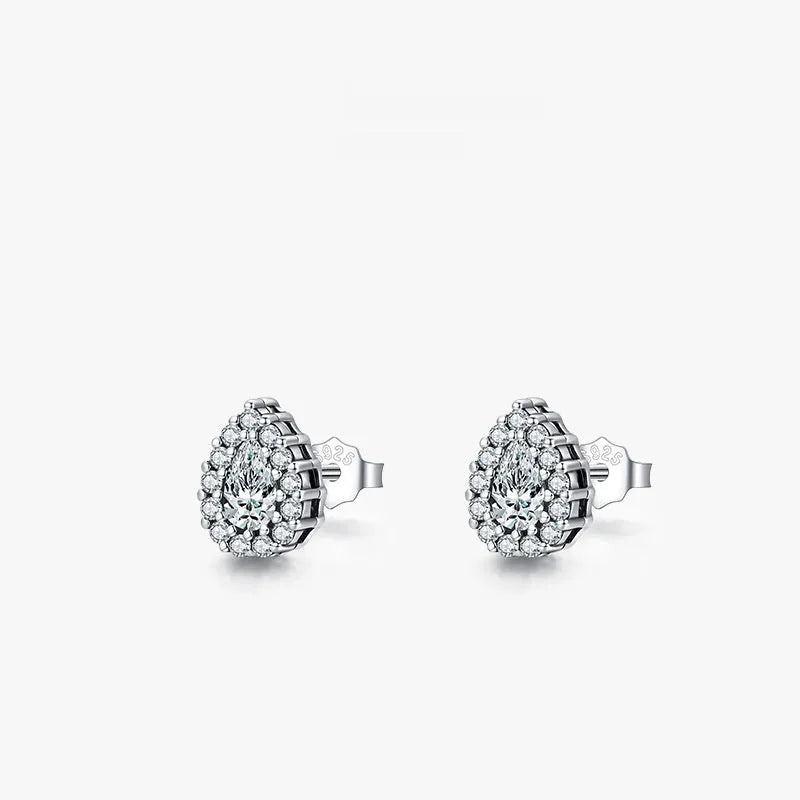 Women's drop-shaped silver ear studs in 925 sterling silver with diamond treatment