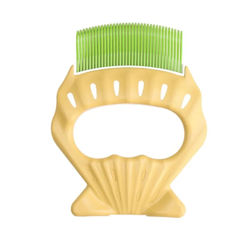 Shell-shaped pet grooming brush with bent wire bristles in green colour with anti-slip plastic handle