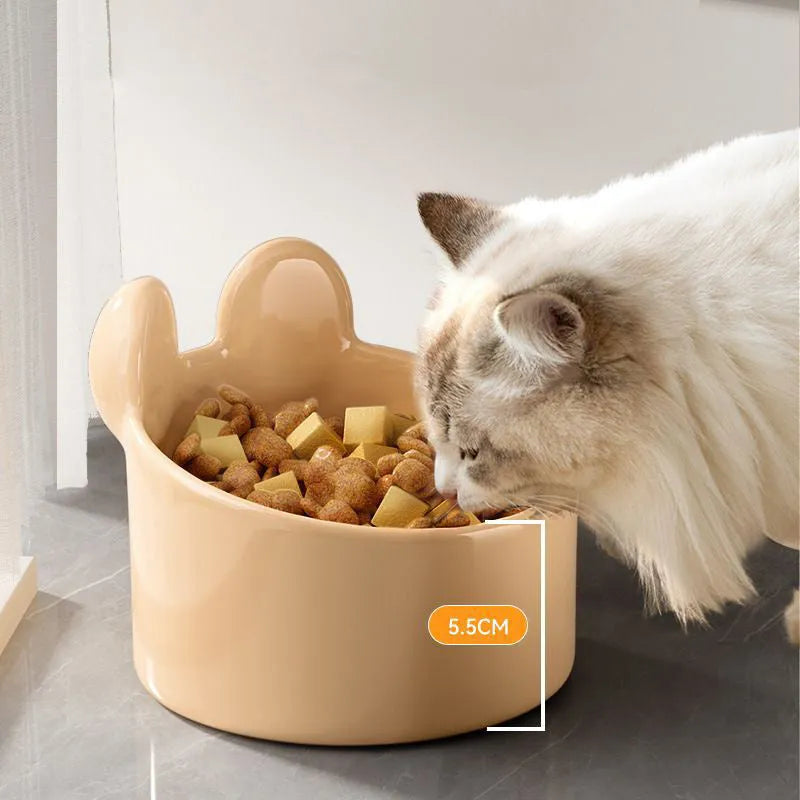 White ceramic pet food bowl with slant design on a plain surface