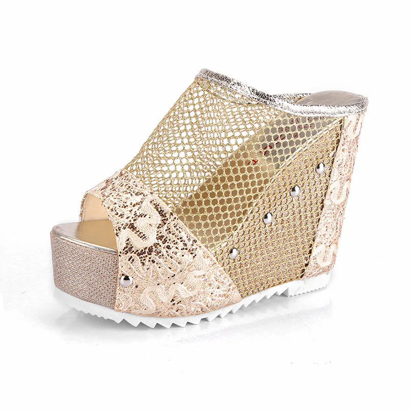 Korean style platform sandals with hollowed-out heel, mesh upper, and chunky waterproof sole