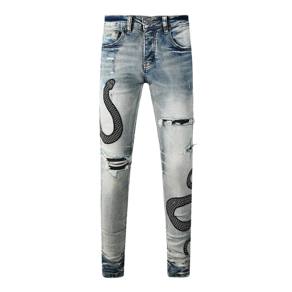 Blue distressed wash skinny jeans with a button fly and elasticated mid-rise waistband on a mannequin.