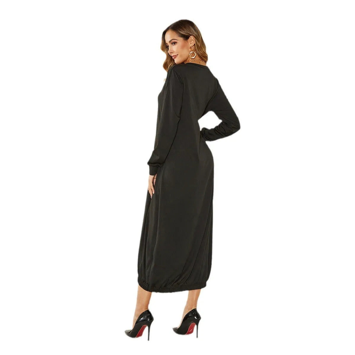 Black lantern dress with lace-up crew neck design and loose silhouette