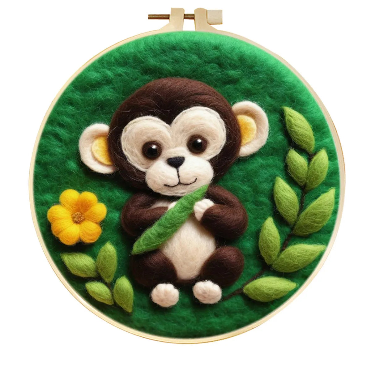 Round linen embroidery kit with wool felt, three-dimensional blanket painting, flowers grass leaves pattern, 20x20 cm, free frame included.
