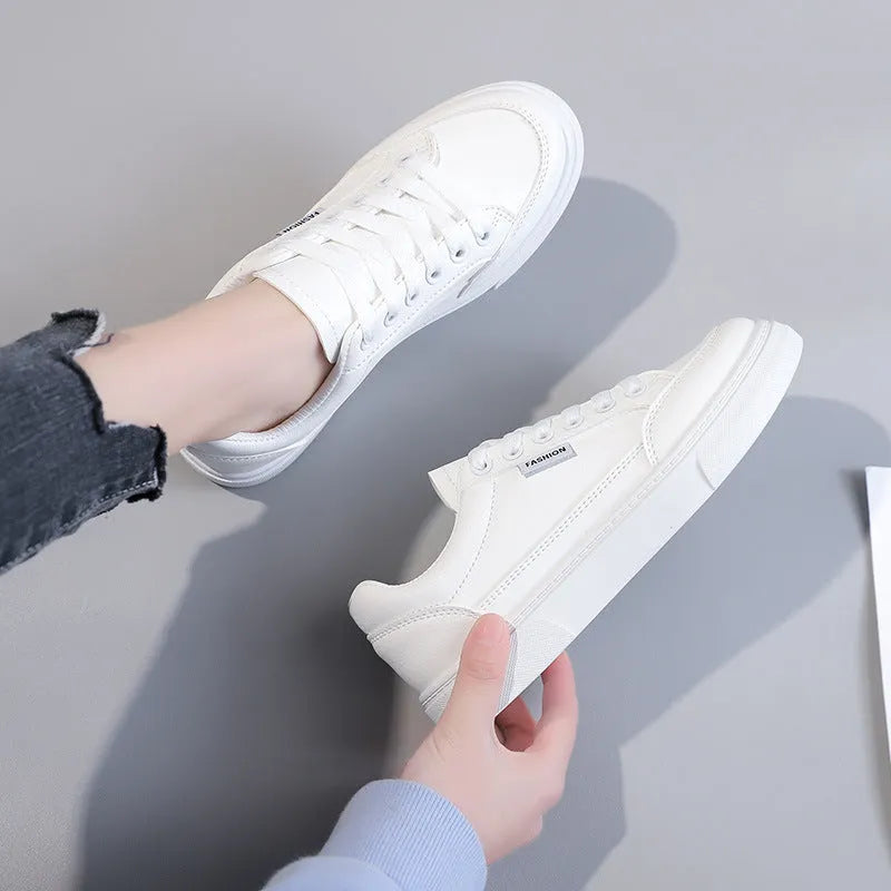 Women's low-top white and brown Korean style casual sneakers with artificial PU upper