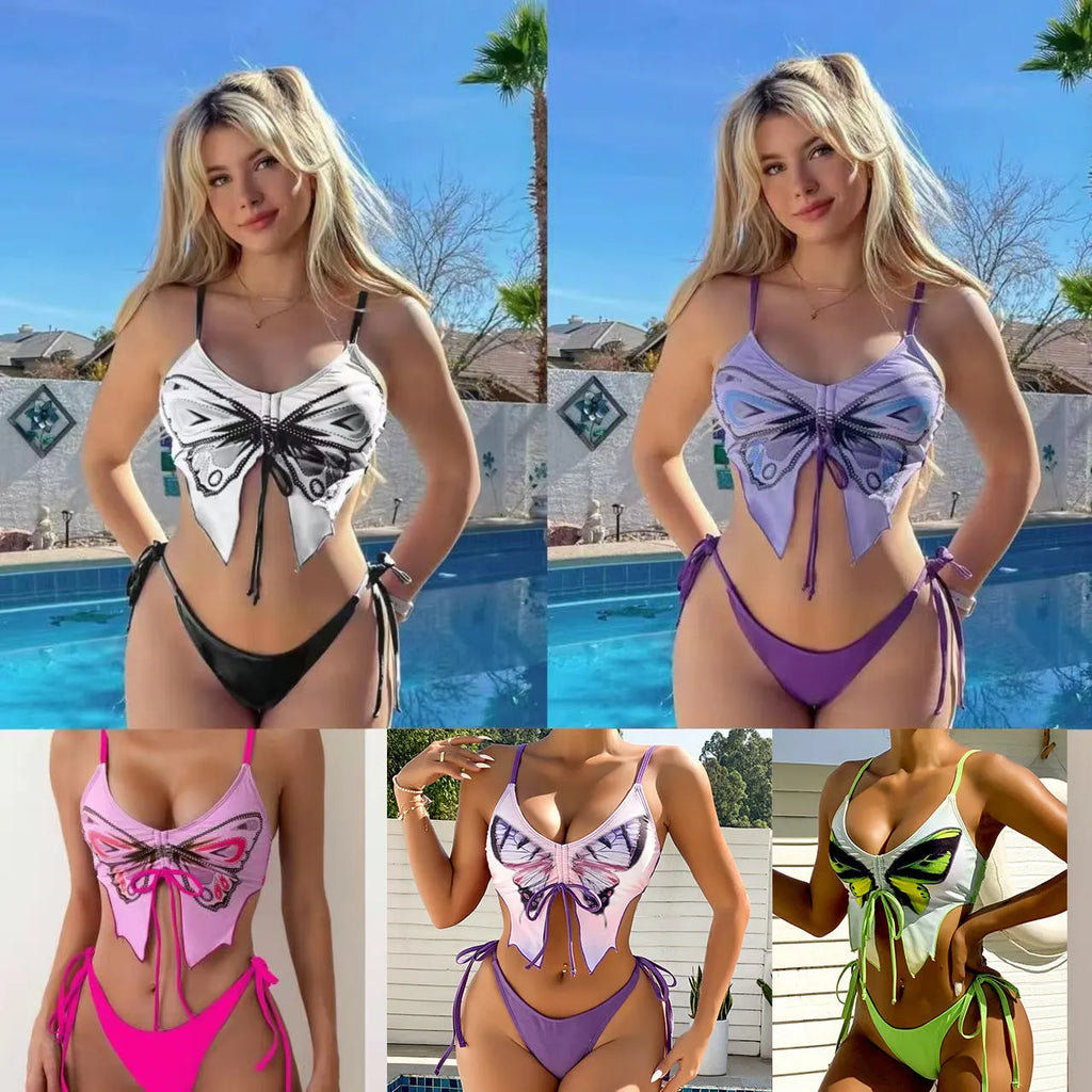 Women's purple split bikini suit with bow detail and briefs-style bottoms