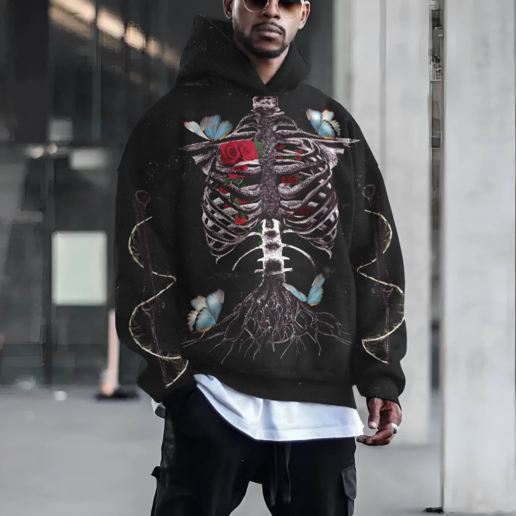 3D printed Halloween hoodie for men and women in black polyester with slim fit and patch pocket
