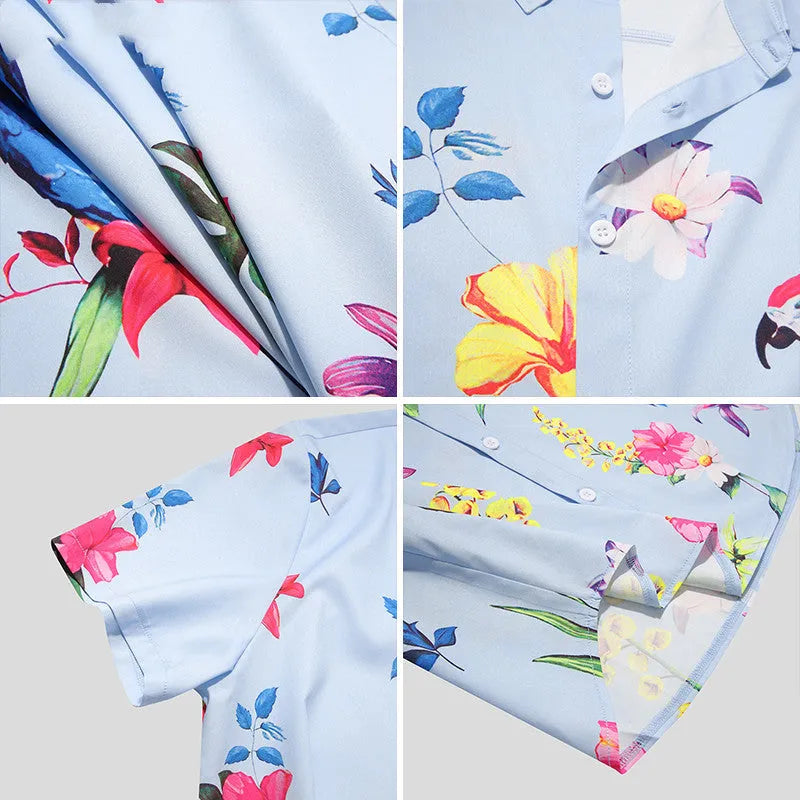 Men's blue short sleeve Hawaiian shirt with pointed collar on beach