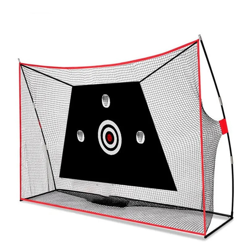 Golf swing wedge training net with 3-hole cross target, foam practice mat, and coloured practice balls