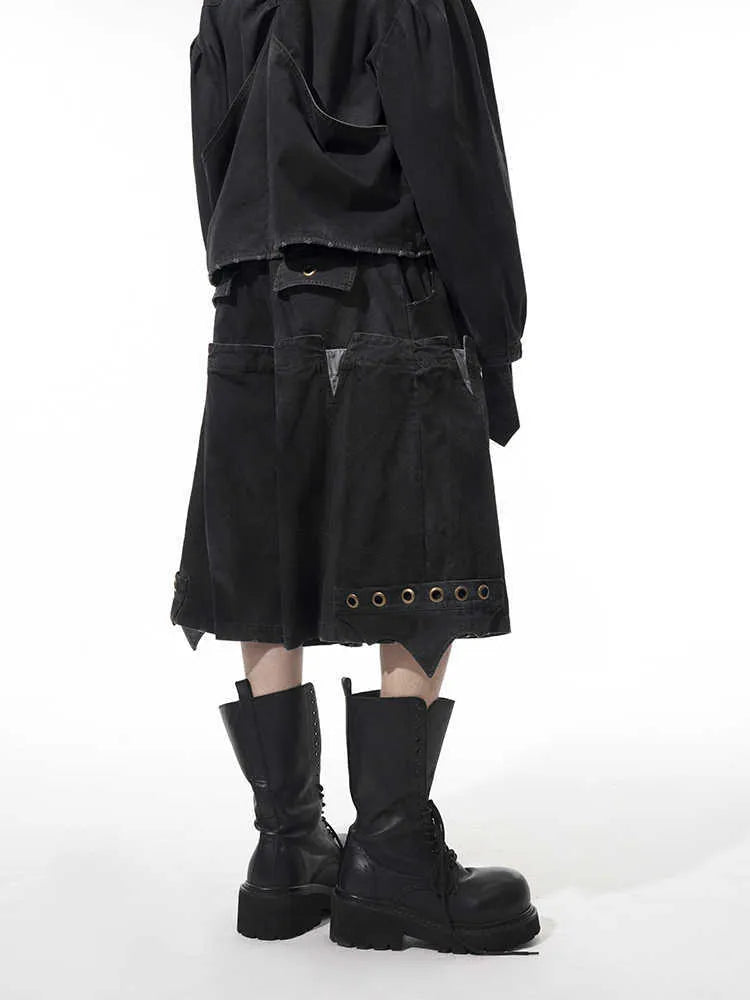 Men's double waist loose cropped black pants with washed stitching, front view showing mid-high waist and cropped length