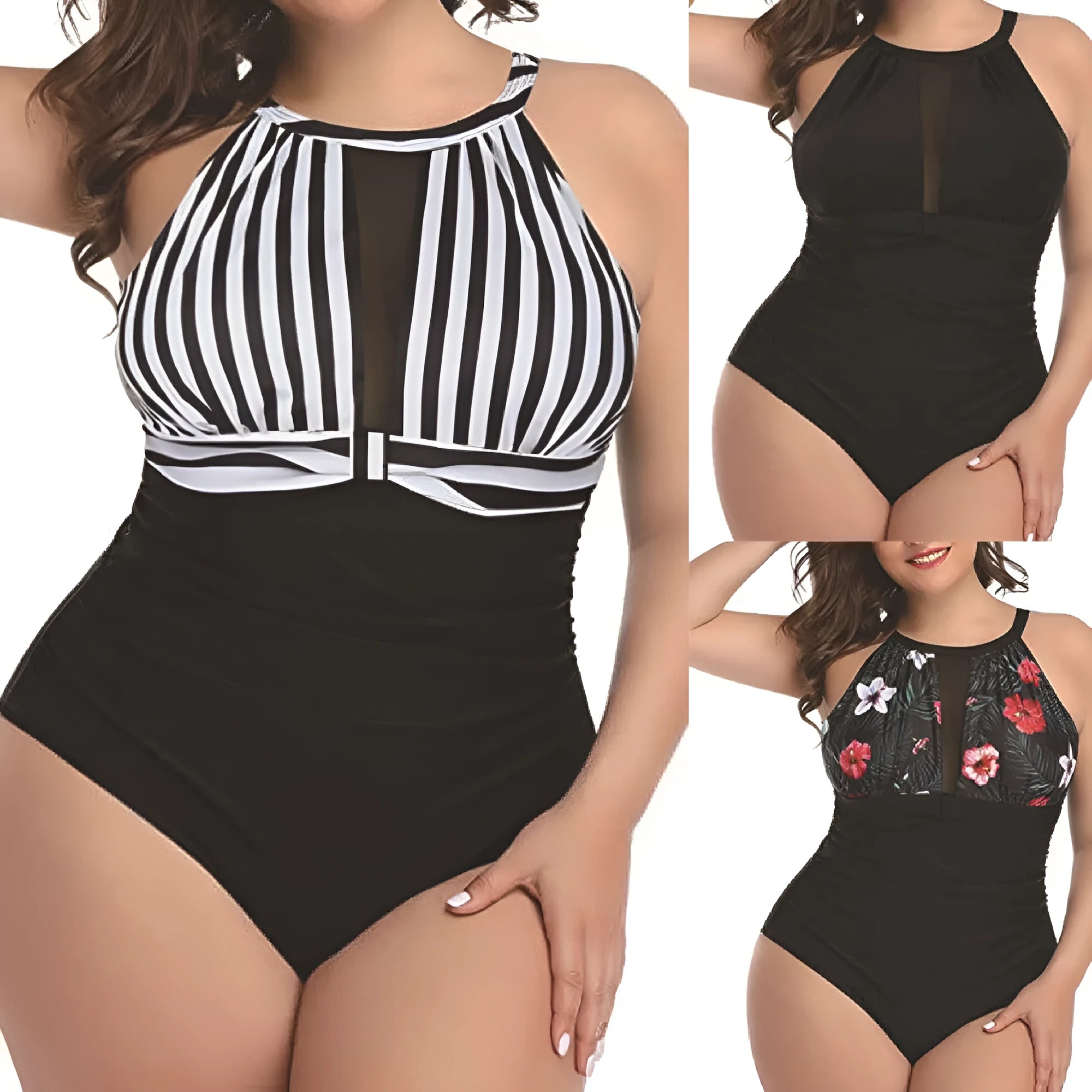 Women's black, striped, and red floral one-piece swimsuit in extended sizes L to 4XL.