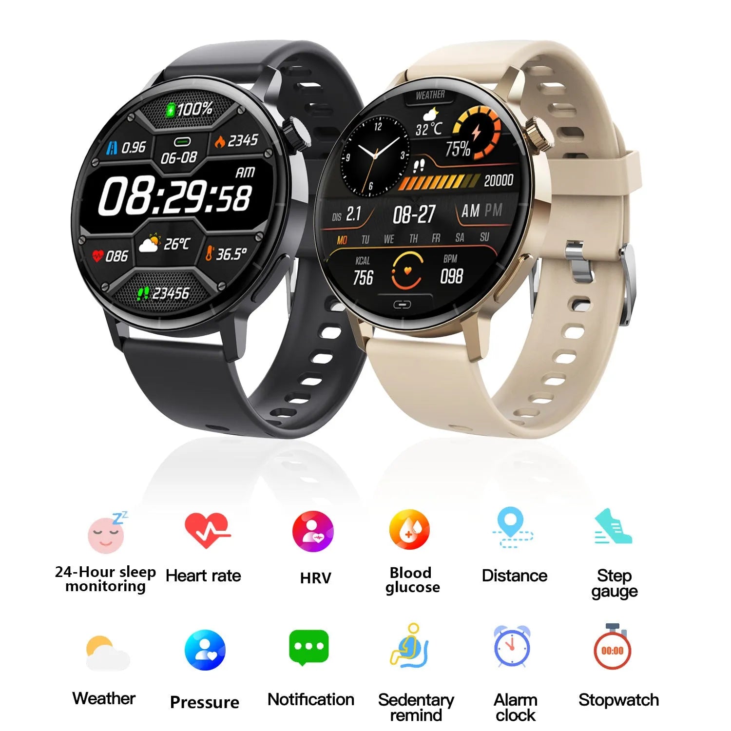 F67S third generation blood glucose smart watch with red light blood oxygen sensor on black brown leather strap