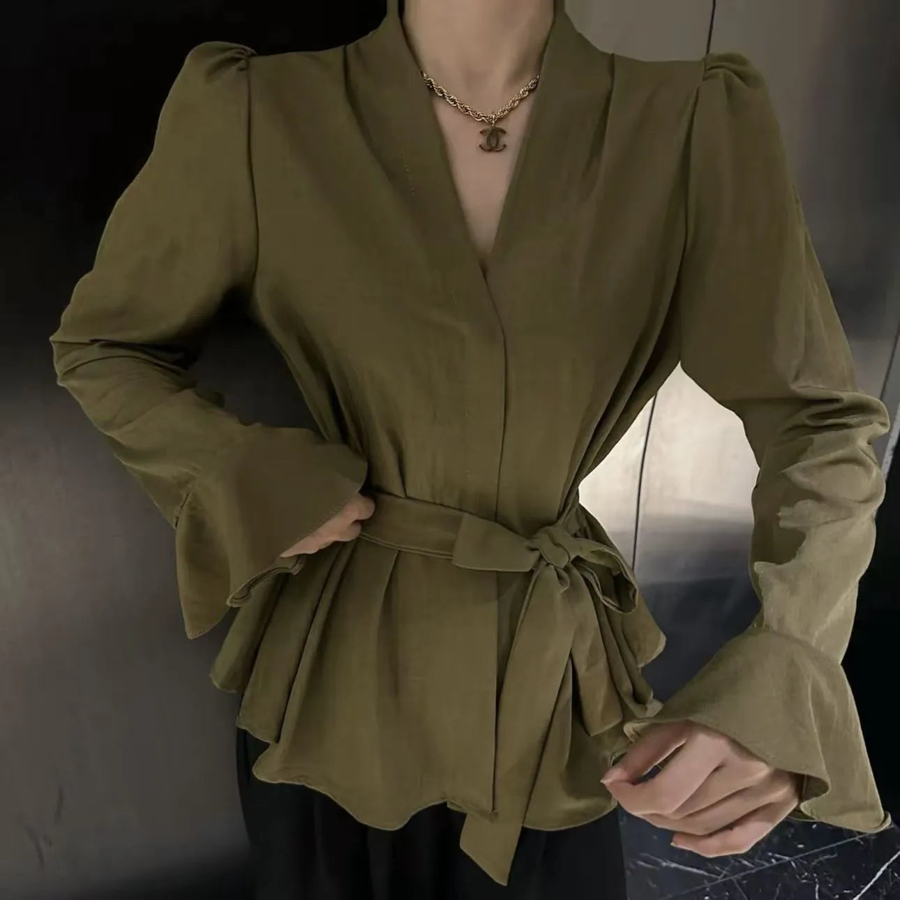 Women's French-style shirt with irregular collar design and long bell sleeves in polyester fabric
