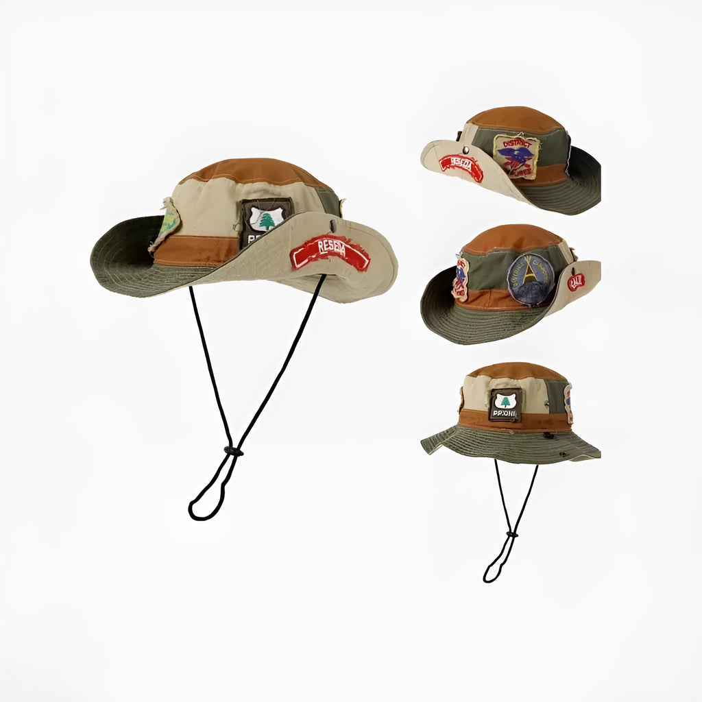 Army green cotton fisherman hat with retro patchwork design and flat top crown